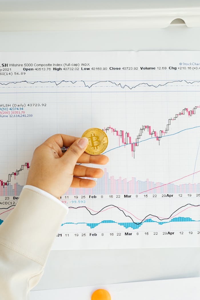 Close-up of a hand holding a Bitcoin coin in front of a stock market chart, symbolizing cryptocurrency trading.